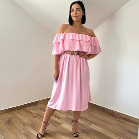   Julienne vállat szabadon hagyó öves midiruha - rózsaszín