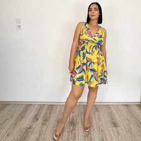 Sunny pántos V-nyakú midiruha - Sárga levél mintás S/M