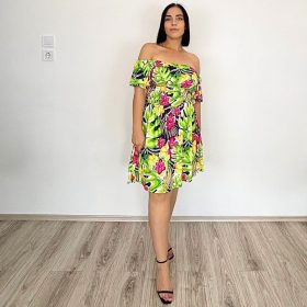 Palma ejtett vállú midiruha– színes levél mintás