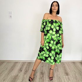 Palma ejtett vállú midiruha– almazöld virág mintás