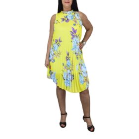 Flory ujjatlan pliszírozott ruha – Sárga virágmintás