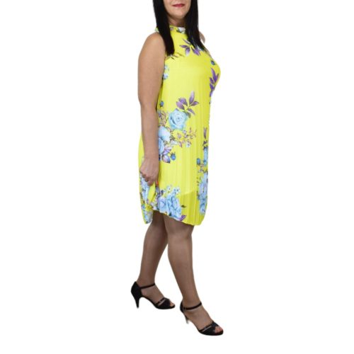 Flory ujjatlan pliszírozott ruha – Sárga virágmintás