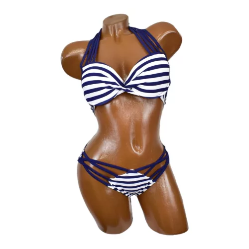 Fürdőruha nyakban megkötős csíkos bikini