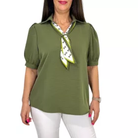 Sálas galléros rövid ujjú elegáns felső - khaki