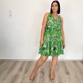 Sunny pántos V-nyakú midiruha - Zöld pálmalevél mintás