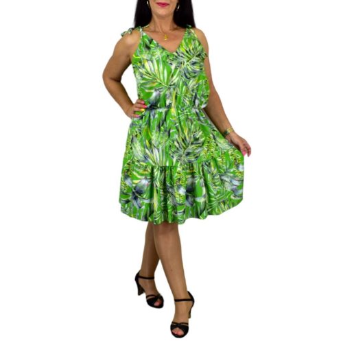 Sunny pántos V-nyakú midiruha - Zöld pálmalevél mintás