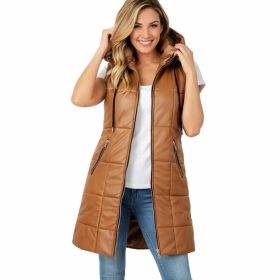 Bőrhatású kapucnis hosszú mellény – Karamell