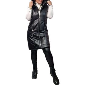 Bőrhatású kapucnis női mellény – Fekete