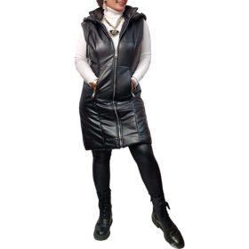 Bőrhatású kapucnis női mellény – Fekete