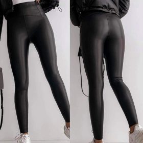 Bőrhatású bélelt leggings nadrág – Fekete