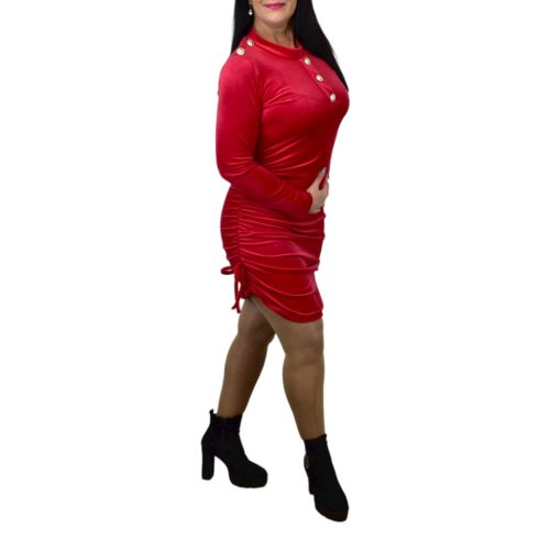 Neali díszgombos oldalt húzott plüss ruha – Piros