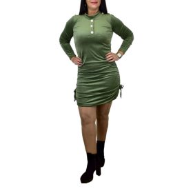 Neali díszgombos oldalt húzott plüss ruha – Khaki