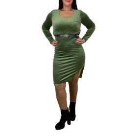 Byanca aszimmetrikus plüss ruha övvel – Khaki