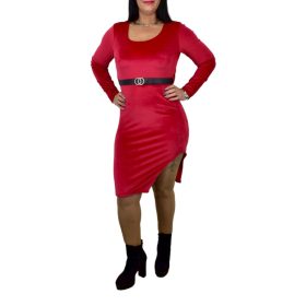 Byanca aszimmetrikus plüss ruha övvel – Piros