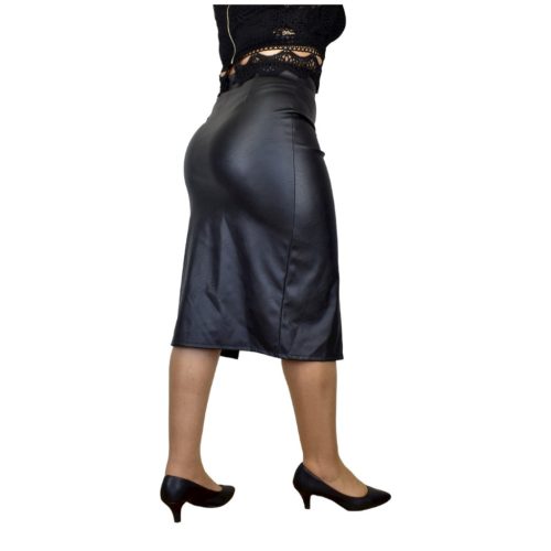 Alakformáló, bőrhatású női szoknya sliccel – Fekete