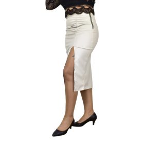 Bőrhatású ceruzaszoknya sliccel – Krémszínű