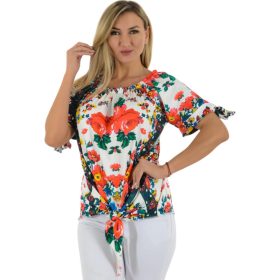   Gumis nyakú, alján megkötős felső – Fehér kalocsai mintás