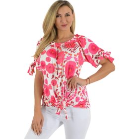   Gumis nyakú, alján megkötős felső – Rózsaszín kalocsai mintás