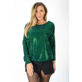   Yesstory aszimmetrikus gumis aljú csillogó felső – Mélyzöld