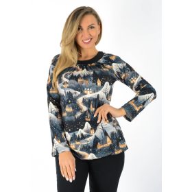   Hátul nyakban megkötős, gumis aljú felső – Grafitszürke/téli táj mintás