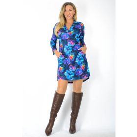 V-nyakú zsebes ingruha – Királykék virágmintás