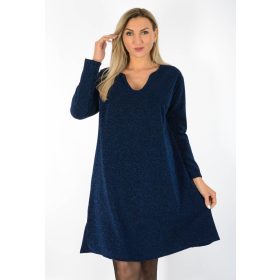   Lurex anyagú, ívelt nyakkivágású, plus size ruha – Sötétkék