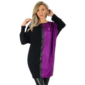 Csillogó lurex, bőrbetétes pamut tunika/ruha – Lila