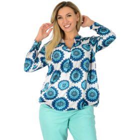 V-nyakú, gumis aljú felső – Kék mandala mintás