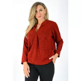 Puhafényű lurex V-nyakú gumis aljú ingfelső – Piros