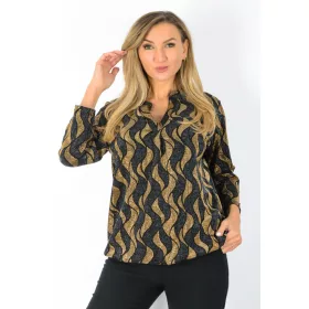   Lurex csillogó V-nyakú gumis aljú elegáns ingfelső – Fekete/Arany